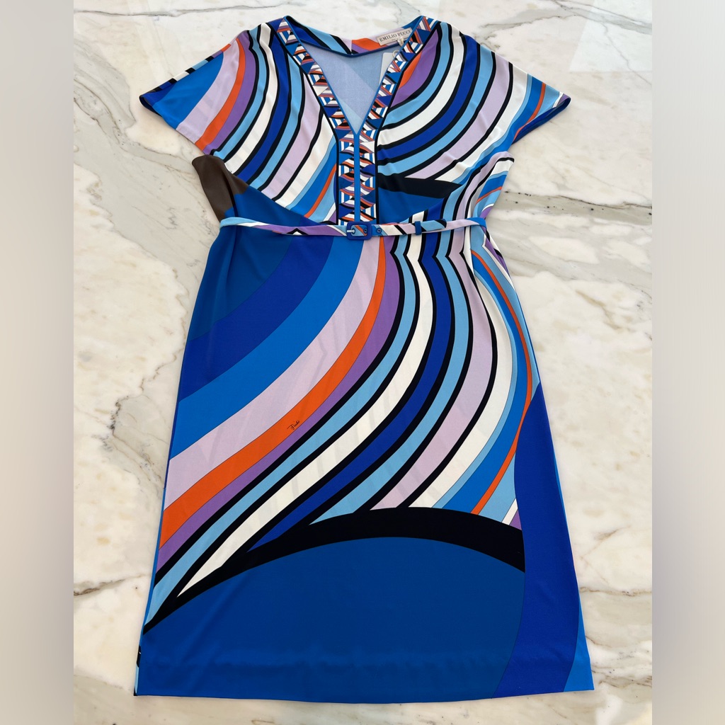 Emilio Pucci Blue Print Soft Belted Dress Size It 44 / Us 10 Nwts!